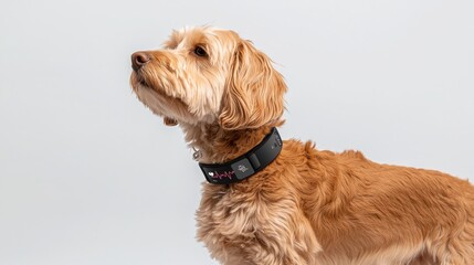 A fluffy, golden dog with a black collar poses elegantly against a light background, showcasing its playful yet sophisticated demeanor.