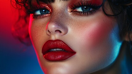 Closeup Portrait of a Woman with Red Lipstick and Freckles