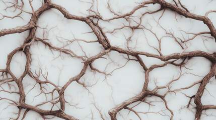 Fototapeta premium Intricate Branch Pattern: A captivating abstract image featuring a network of gnarled branches, their intricate patterns against a light backdrop, evoke a sense of both fragility and strength.