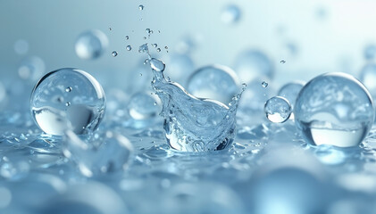 Crystal clear water with floating bubbles in a glass under a bright blue sky