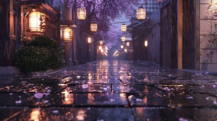 Obraz premium Glistening Wet Alley After Spring Rain with Cherry Blossoms