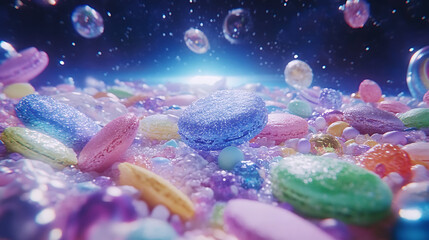 Colorful Macarons and Candy Landscape with Celestial Glow Dreamy Sweet Treat Scenery Space Backdrop