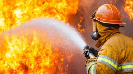 Naklejka premium Intense Firefighting Action with Firefighter Battling Blaze in Dramatic Scene