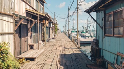 Fototapeta premium Charming Fishing Village Street with Rustic Wooden Buildings