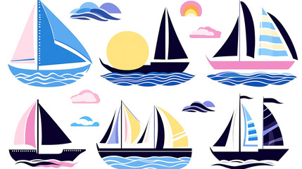 Colorful Sailboats on the Ocean with Abstract Sun Clouds Sea and Water Nautical Scene Illustration