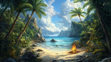 Lost island in ocean with alone castaway person asking for help. Vector cartoon sea landscape witn tropical island with palms, rocks and sand beach with bonfire.
