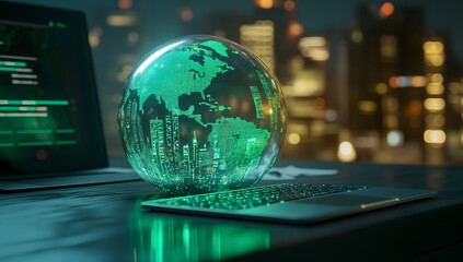 Transparent globe, futuristic city, laptop, digital interface