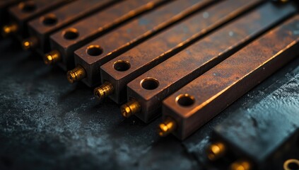 Rusty metal parts on dark surface, close-up