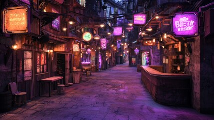 Obraz premium Dimly Lit Bar Street Filled with Neon Signs and Empty Atmosphere