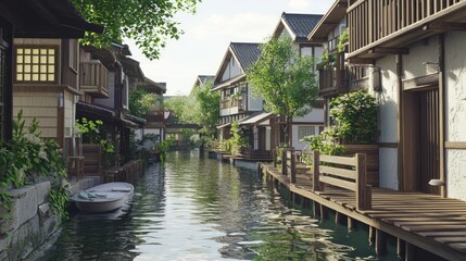 Fototapeta premium Peaceful Residential Canal with Charming Houses by the Water