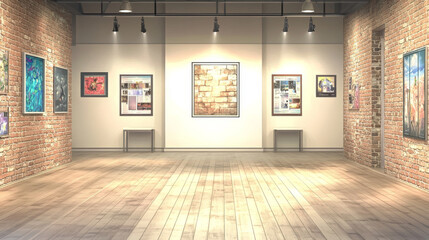 Empty room with white brick walls, wooden floor and ceiling lamps. Vector realistic 3d interior of studio, modern museum or gallery hall. Template showroom for exhibition in loft style