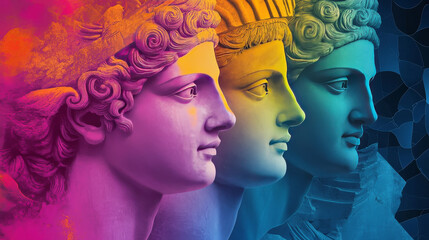 Fototapeta premium Trendy contemporary design for art exhibition poster. Vector horizontal banner of gallery or museum with creative collage with greek sculpture on gradient background