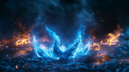 Fototapeta premium Blue fire overlay with spark ember flame and smoke realistic background. Flying light ice energy particle. Neon burnt steam texture. 3d twinkle shine of cold powder in air panoramic vector witchcraft