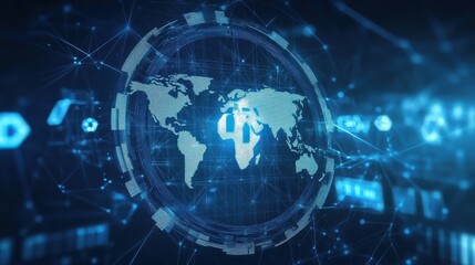 Blockchain technology futuristic hud background with world globe and blockchain polygon peer to peer network. Global cryptocurrency blockchain business banner concept.