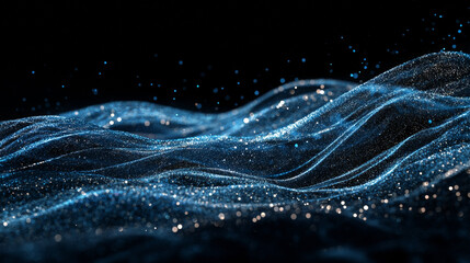 Blue wind waves effect. Abstract light motion trails with sparkles isolated on black background. Fresh cold air blowing from conditioner or cooler, vector realistic set