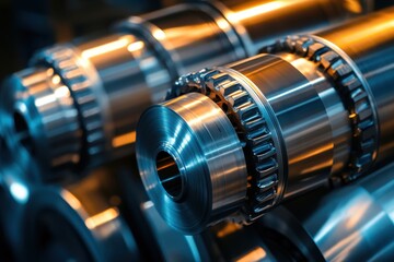 Fototapeta premium Close-up of gleaming metal gears and shafts. Illustrates precision engineering, industrial strength, and high-tech manufacturing.