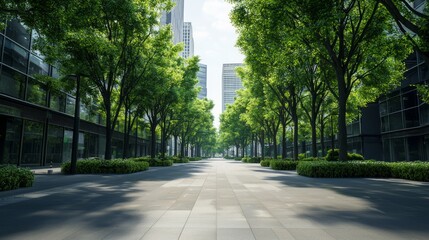 Obraz premium Midday Scene of Wide Boulevard Surrounded by Tall Trees and Buildings