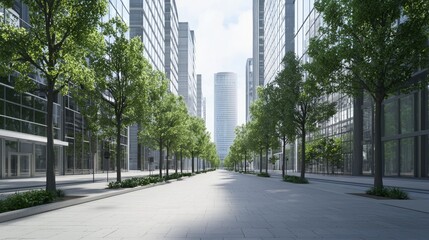 Fototapeta premium Midday Scene of Sleek Boulevard with Trees and Glassy Towers