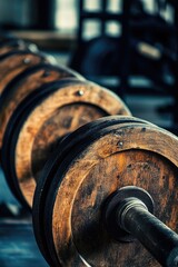 Vintage Wooden Weight Plates on Barbell in Gym