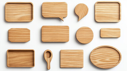 Cartoon set of wooden speech bubbles isolated on background. Vector illustration of empty message frames with blank paper template for text. Square, rectangular, round sign boards. Retro announcement