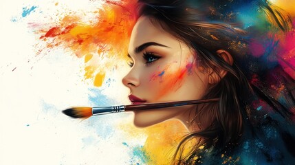 Obraz premium Portrait of a beautiful girl with dark hair in profile, painted in oil, with a brush lying on the canvas.