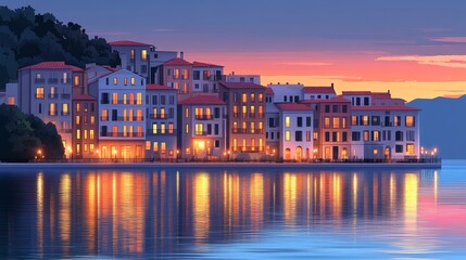Fototapeta premium Mediterranean Coastal Town Twilight Panorama Serene Evening Harbor Sunset Boats Reflections Architecture Buildings