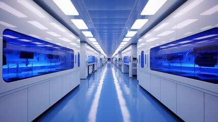 Obraz premium High-tech laboratory interior with illuminated blue displays and modern design in a scientific research facility