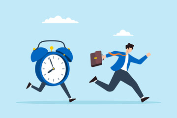 Flat illustration of frustrated businessman run in hurry from clock time symbolizing work late and deadline pressure
