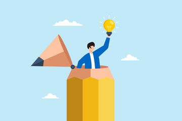 Flat illustration of young creative man open pencil top to discover new lightbulb idea