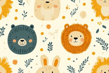Seamless pattern with hand-drawn animal faces including lions and bears