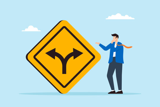 Flat illustration of businessman contemplate which way to go with fork road yellow warning sign to decide career path
