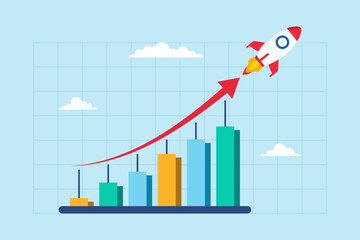 Flat illustration of financial graph with exponential arrow rise rocket flies symbolizing growth