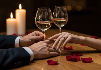 Photo of woman's hand touching man's hand, romantic scene, wedding ring