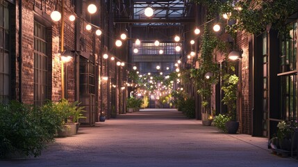 Fototapeta premium Charming Renovated Warehouse District with String Lights and Greenery
