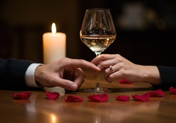 Photo of man and woman hands touching fingers, romantic scene, engagement
