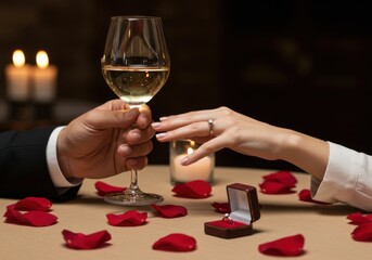 Photo of woman's hand with engagement ring, romantic scene with man