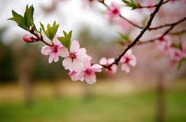 Delicate Pink Cherry Blossoms Blooming on Branches Against Soft Green Background
