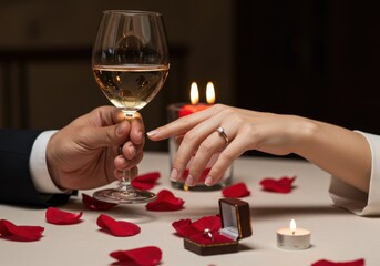 Photo of woman's hand with engagement ring, romantic scene with man