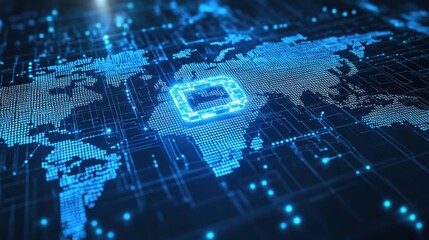 Blockchain technology futuristic hud background with world map and blockchain peer to peer network. Global cryptocurrency blockchain business banner concept.