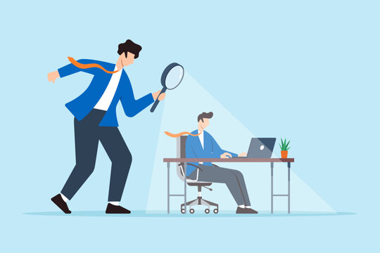 Flat illustration of micromanaging boss toxic manager use magnifying glass to monitoring employee excessively