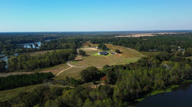 Expansive aerial view of a vineyard wedding venue, featuring surrounding fields, vineyard rows, and a nearby river. Captured with a wide drone shot to showcase the natural beauty and rural setting