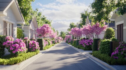Serene Residential Block Lined with Blooming Hedges and Flowers