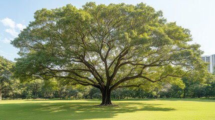 Fototapeta premium Majestic Oak in Sunlit Park: A solitary, majestic oak tree stands tall in a sunlit park, its branches reaching towards the sky, creating a breathtaking scene of nature's grandeur.