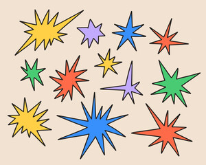 Doodle funky star set. Colorful hand drawn sparkle shapes collection. Bright irregular twinkles comic style
