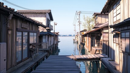 Fototapeta premium Serene Waterfront Street with Small Fishing Houses and Clear Sky