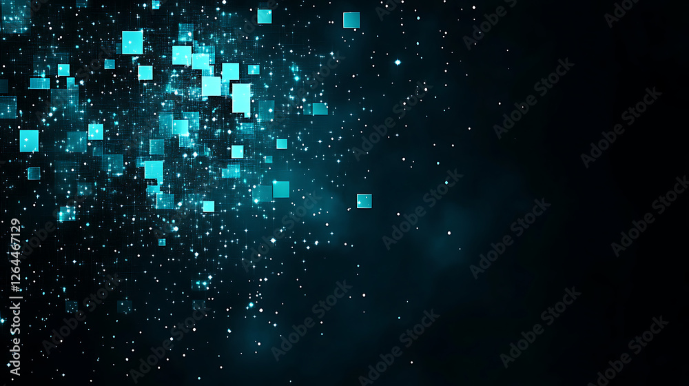 Poster data flow visualisation with teal cubes and particles on a dark gradient background pattern