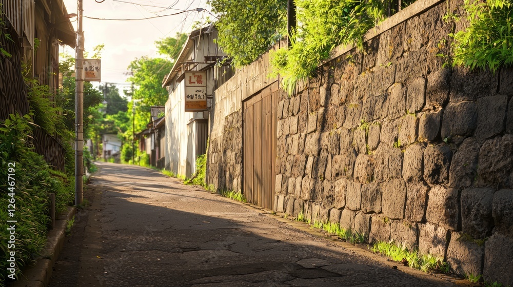 Wall mural Late Afternoon Light on a Quiet Street with Stone Walls and Greenery