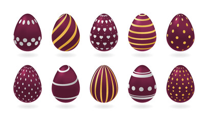 Set of realistic red eggs with different golden, silver patterns. Isolated vector illustration on white background. Children dessert, Easter template