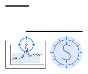 Graph with line trends under crosshair targeting, circle with dollar symbol inside. Ideal for finance, analytics, strategy, investment, marketing, goals business planning. Abstract line flat