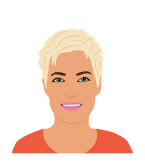 Pretty woman, face portrait avatar. Modern female person. Pretty blond girl with short haircut, friendly kind character smiling. Flat cartoon vector illustration isolated on transparent background.